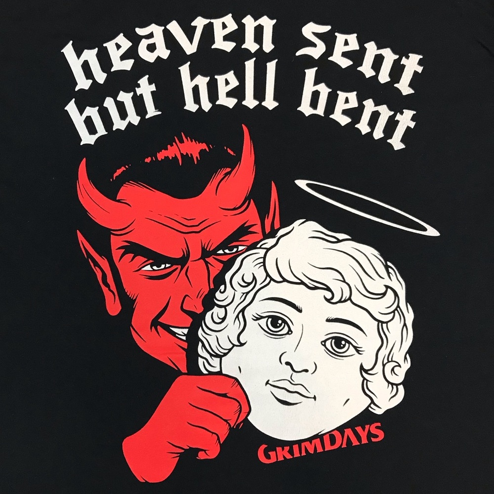 Grim Days Heaven Sent But Hell Bent Men’s Devils & Angels Black T-Shirt Size M - Picture 3 of 7